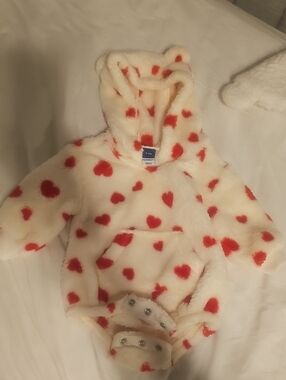 Old Navy Cream Fuzzy Hooded One-Piece with Red Heart Print